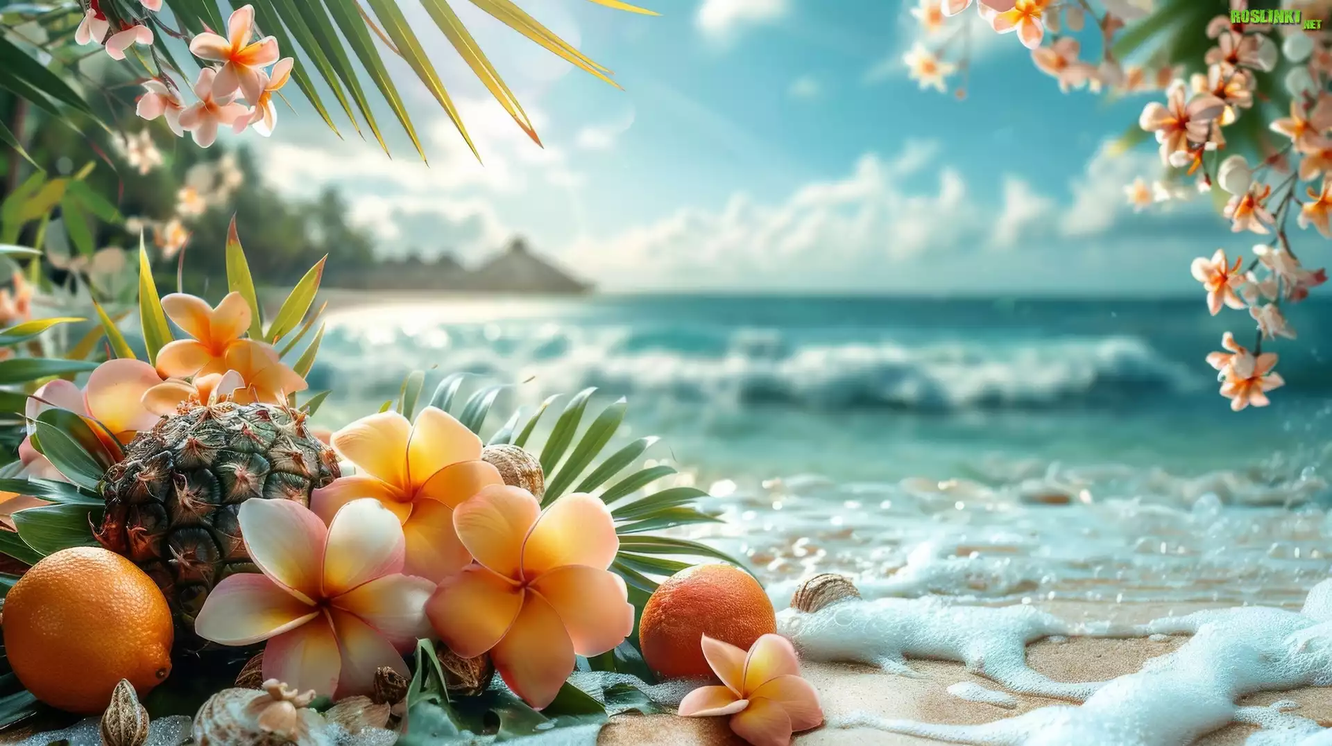 Morze, Plaża, Palmy, Kwiaty, Plumeria, Owoce, Ananas, Pomarańcze