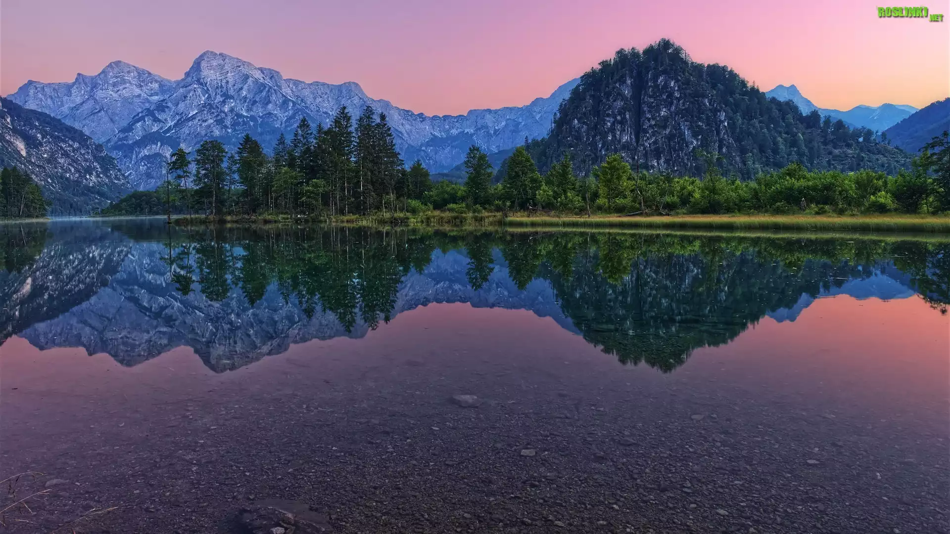 Zachód słońca, Góry, Alpy, Dolina Almtal, Jezioro Almsee, Drzewa, Mgła, Austria