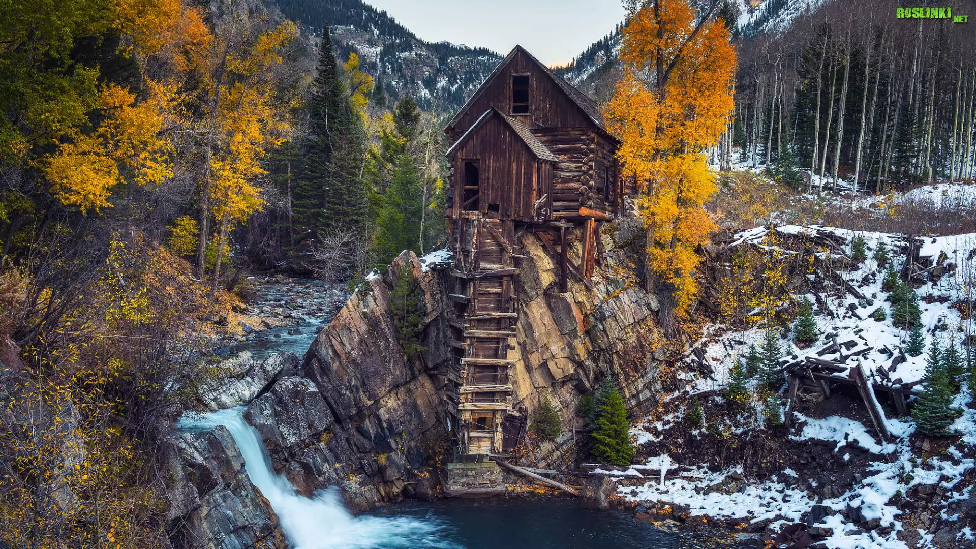 Młyn, Crystal Mill, Rzeka Crystal River, Śnieg, Skały, Drzewa, Kolorado, Stany Zjednoczone