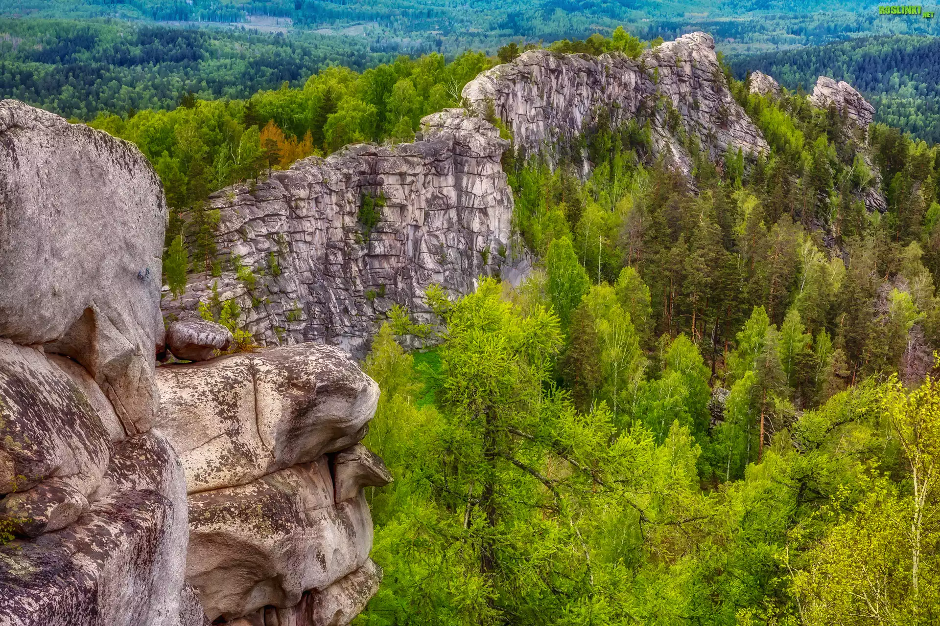 Góry, Skały, Drzewa, Południowy Ural, Arakul, Obwód czelabiński, Rosja