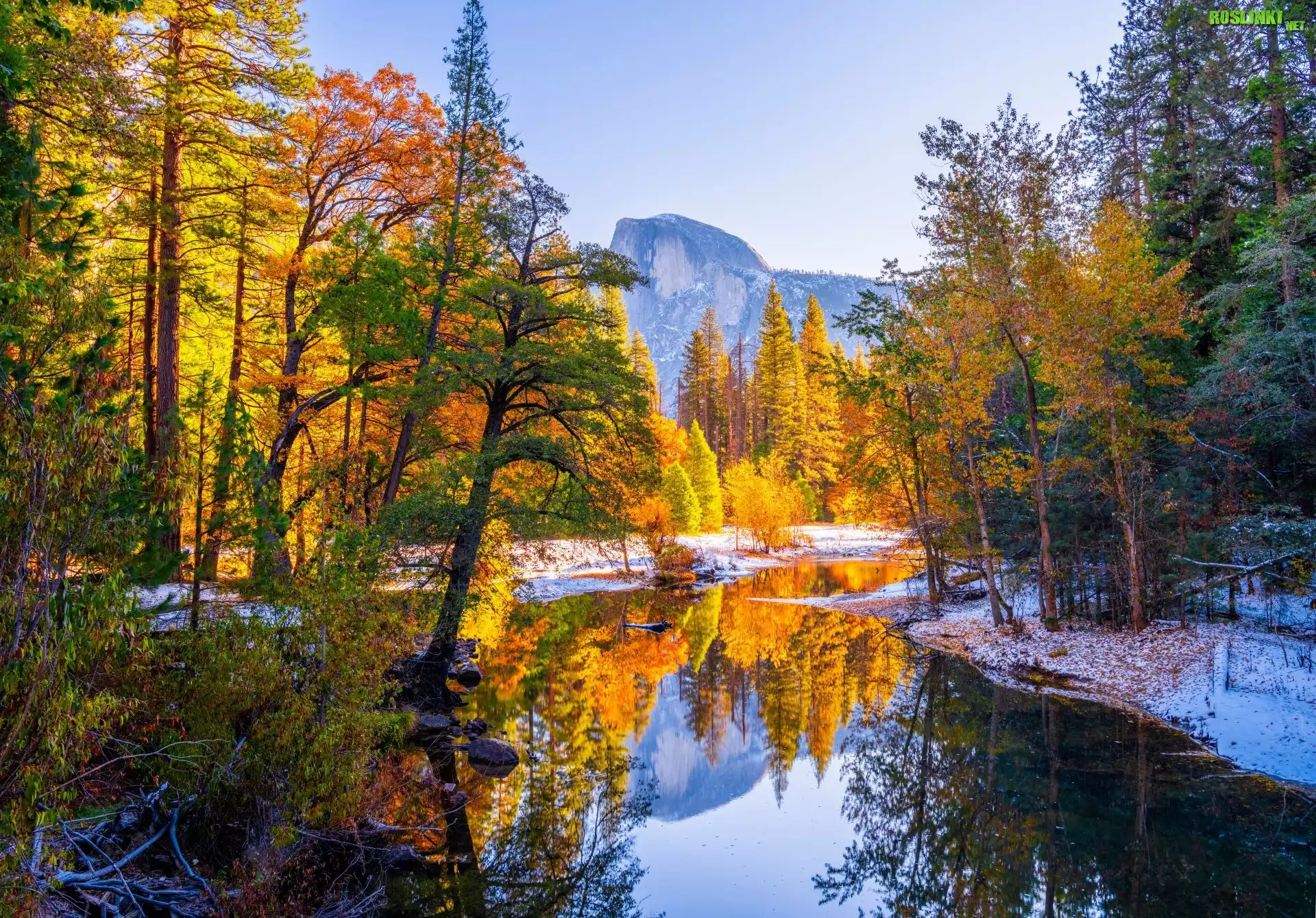 Park Narodowy Yosemite, Góry, Drzewa, Las, Rzeka, Odbicie, Jesień, Stany Zjednoczone