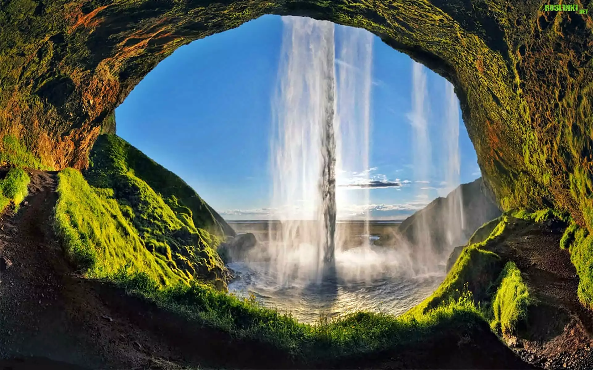 Wodospad, Seljalandsfoss, Skały, Jaskinia, Mchy, Światło, Cień