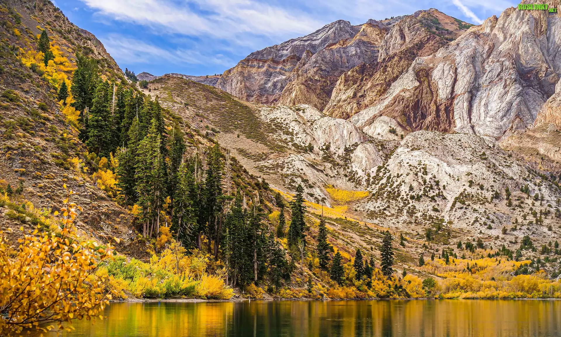 Jesień, Góry, Sierra Nevada, Jezioro, Convict Lake, Drzewa, Kalifornia, Stany Zjednoczone