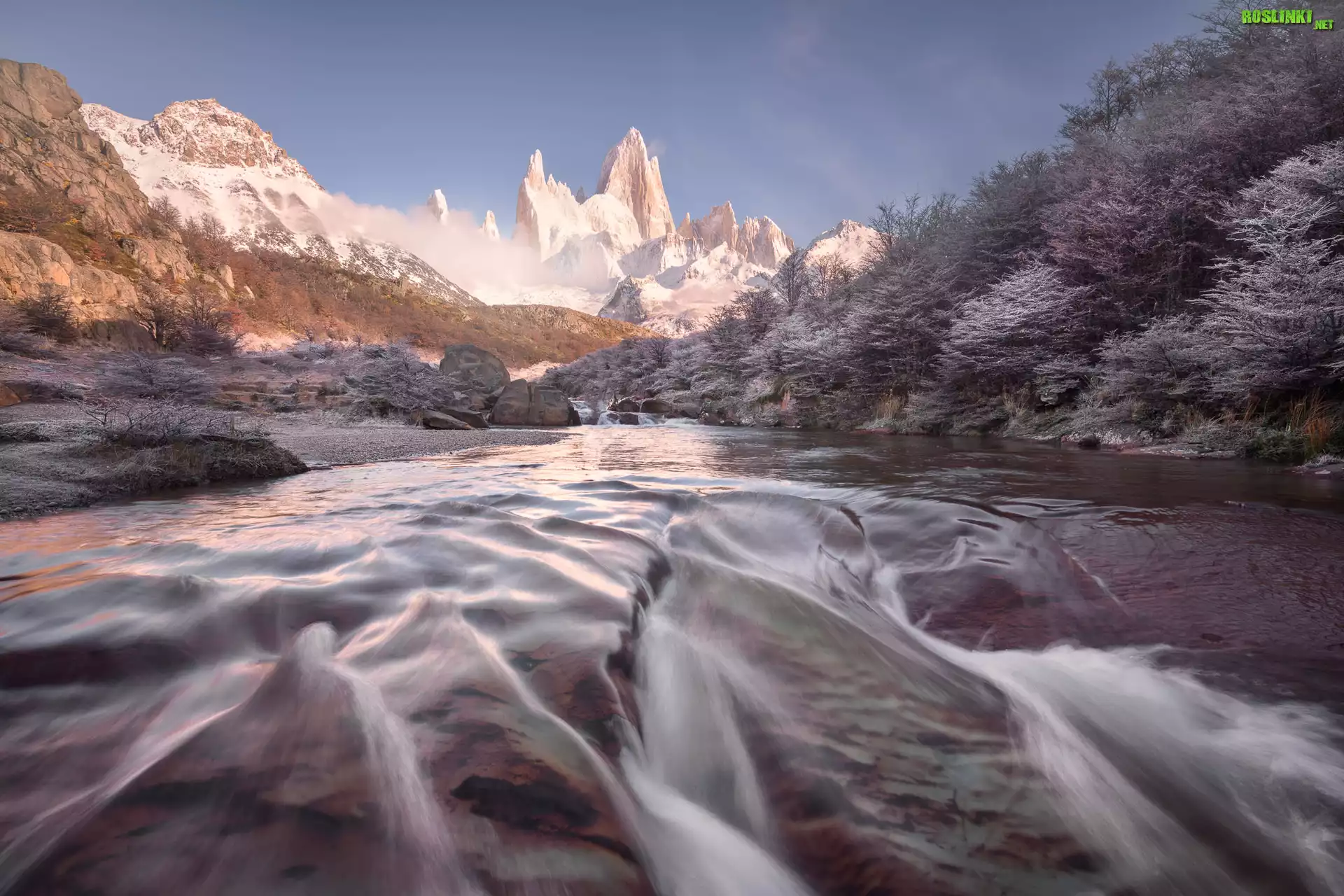 Góry, Rzeka, Skały, Drzewa, Góry Andy, Szczyt Fitz Roy, Park Narodowy Los Glaciares, Patagonia, Argentyna