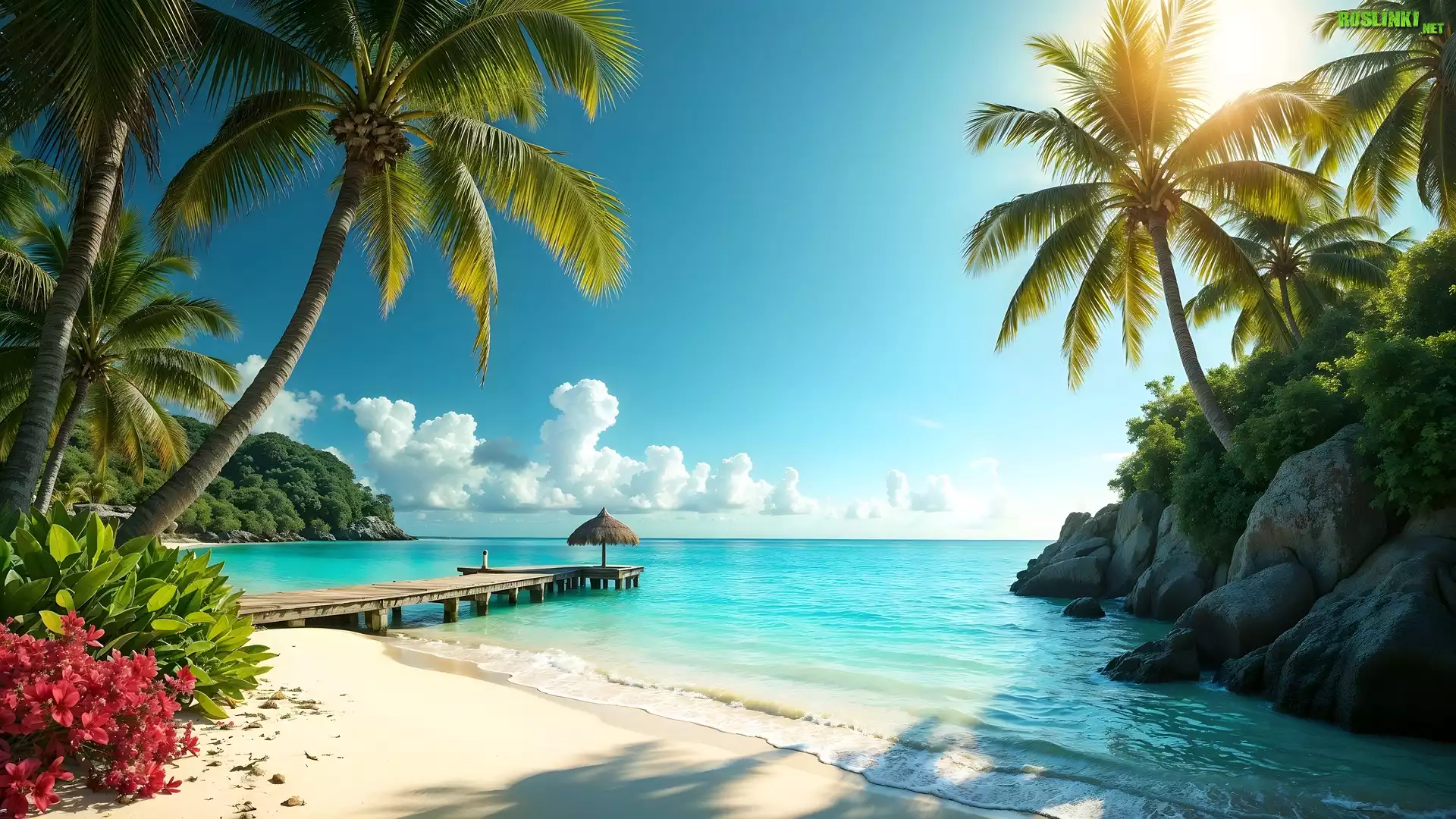 Morze, Plaża, Palmy, Skały, Roślinność, Pomost, AI