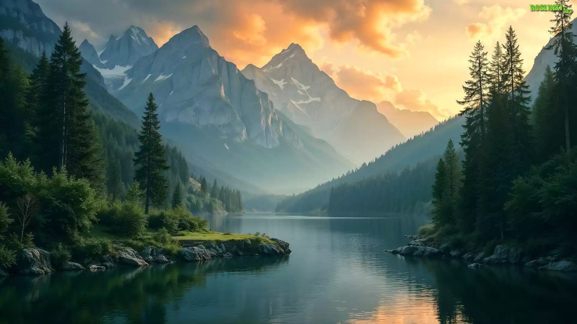 Góry, Jezioro, Wschód słońca, Mgła, Drzewa, AI