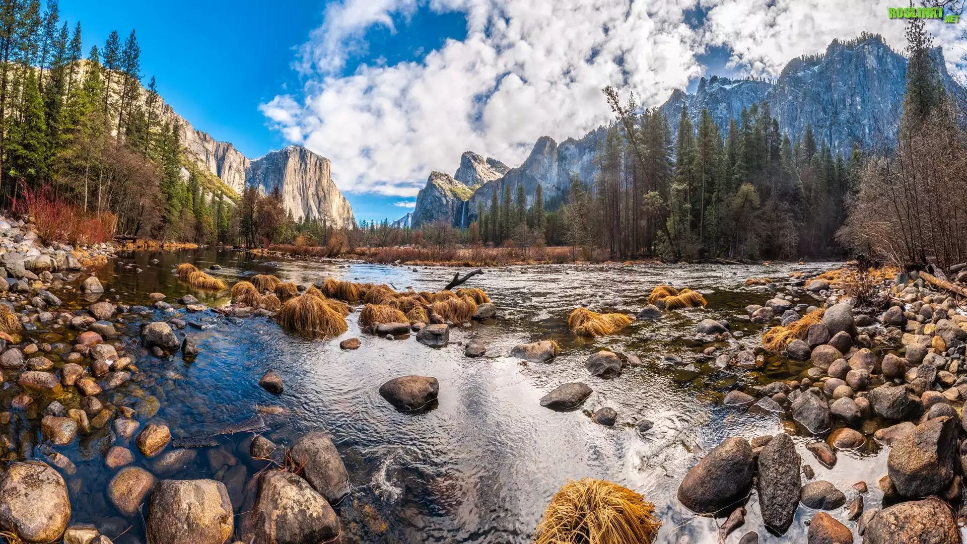 Stany Zjednoczone, Kalifornia, Park Narodowy Yosemite, Góry, Sierra Nevada, Rzeka, Merced River, Kamienie, Drzewa, Chmury