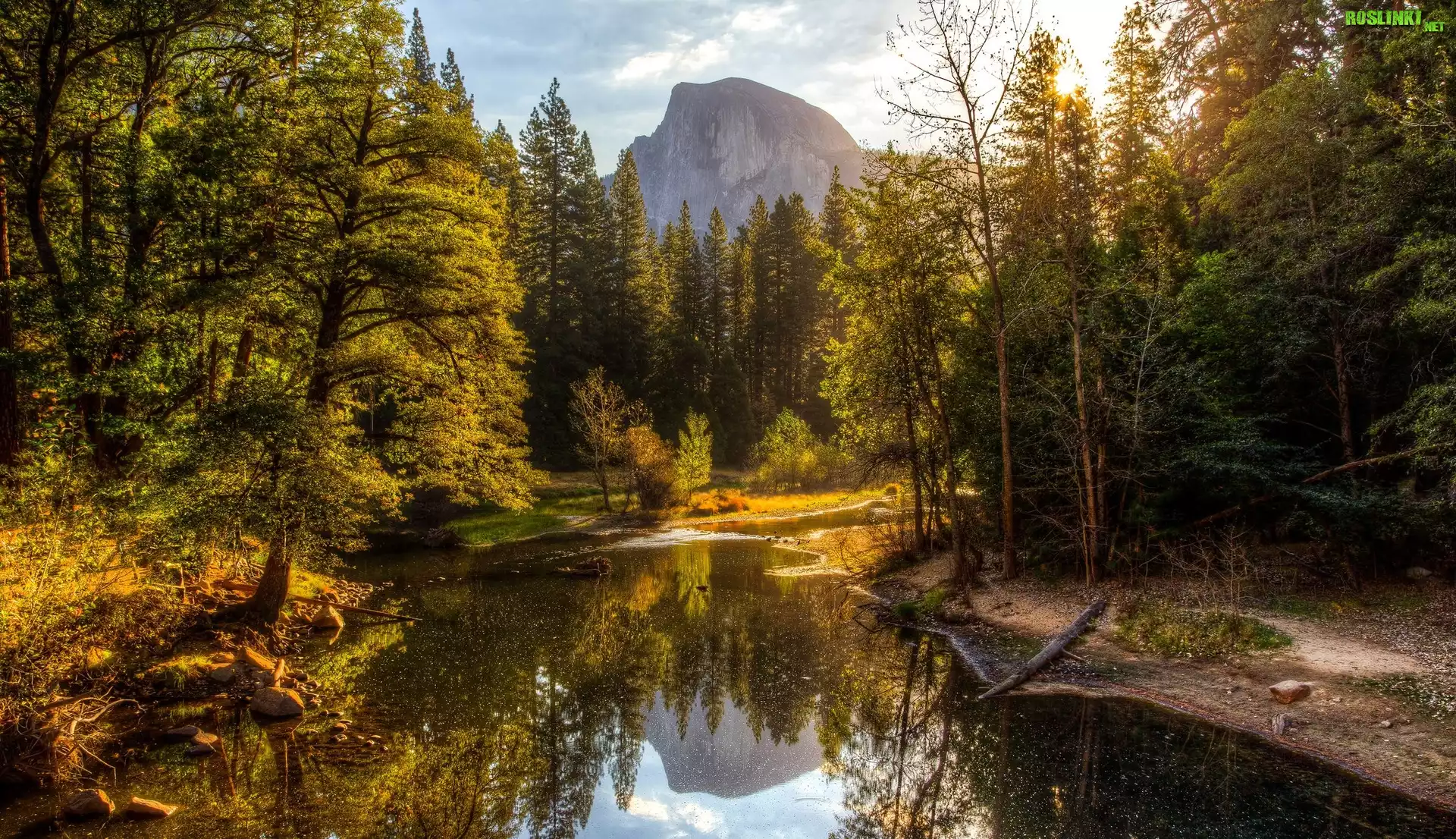 Stany Zjednoczone, Stan Kalifornia, Park Narodowy Yosemite, Jesień, Rzeka Merced, Drzewa, Góry, Góra Half Dome