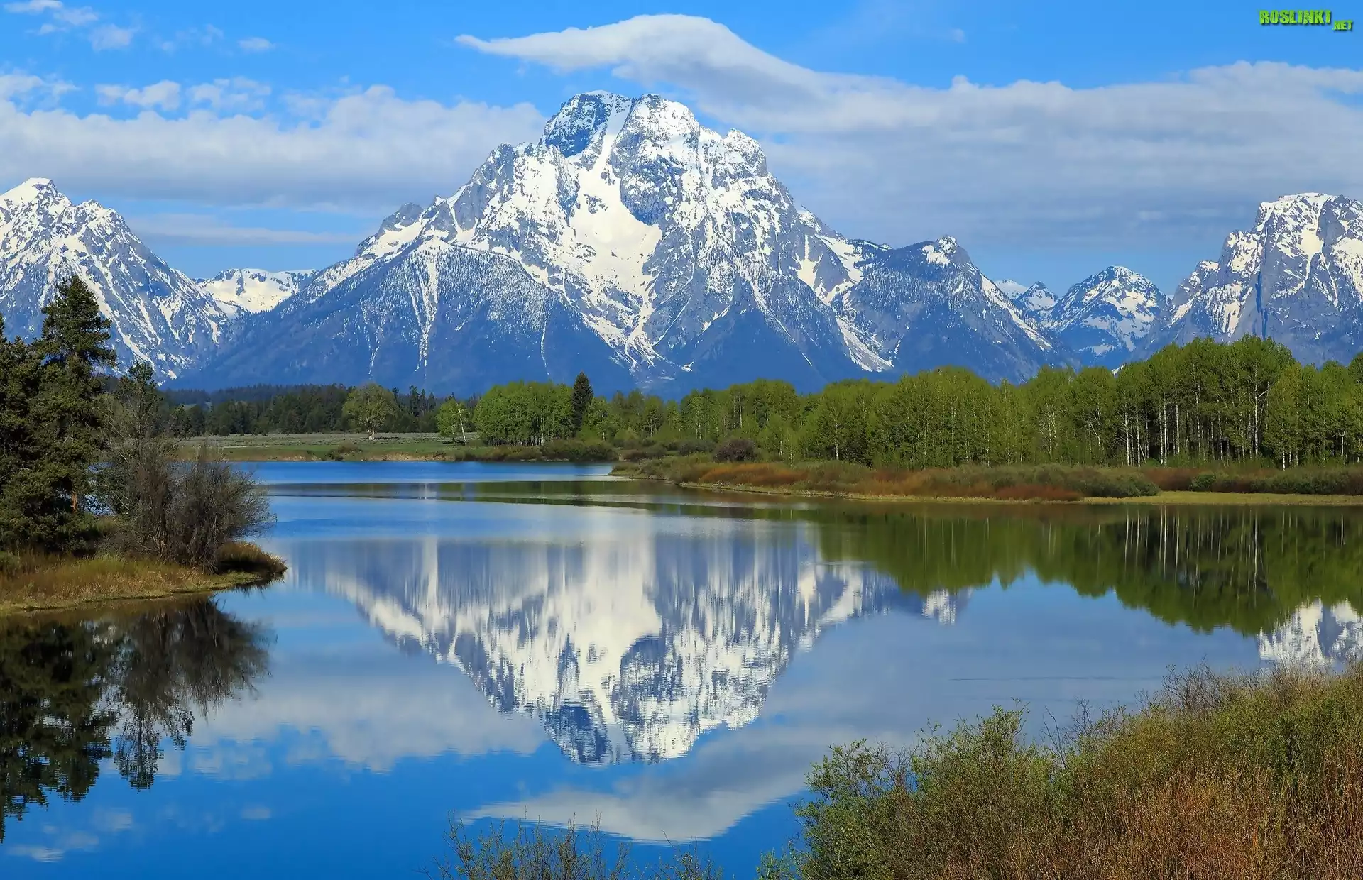Stany Zjednoczone, Stan Wyoming, Park Narodowy Grand Teton, Rzeka Snake River, Góry, Szczyt Mount Moran, Drzewa, Odbicie