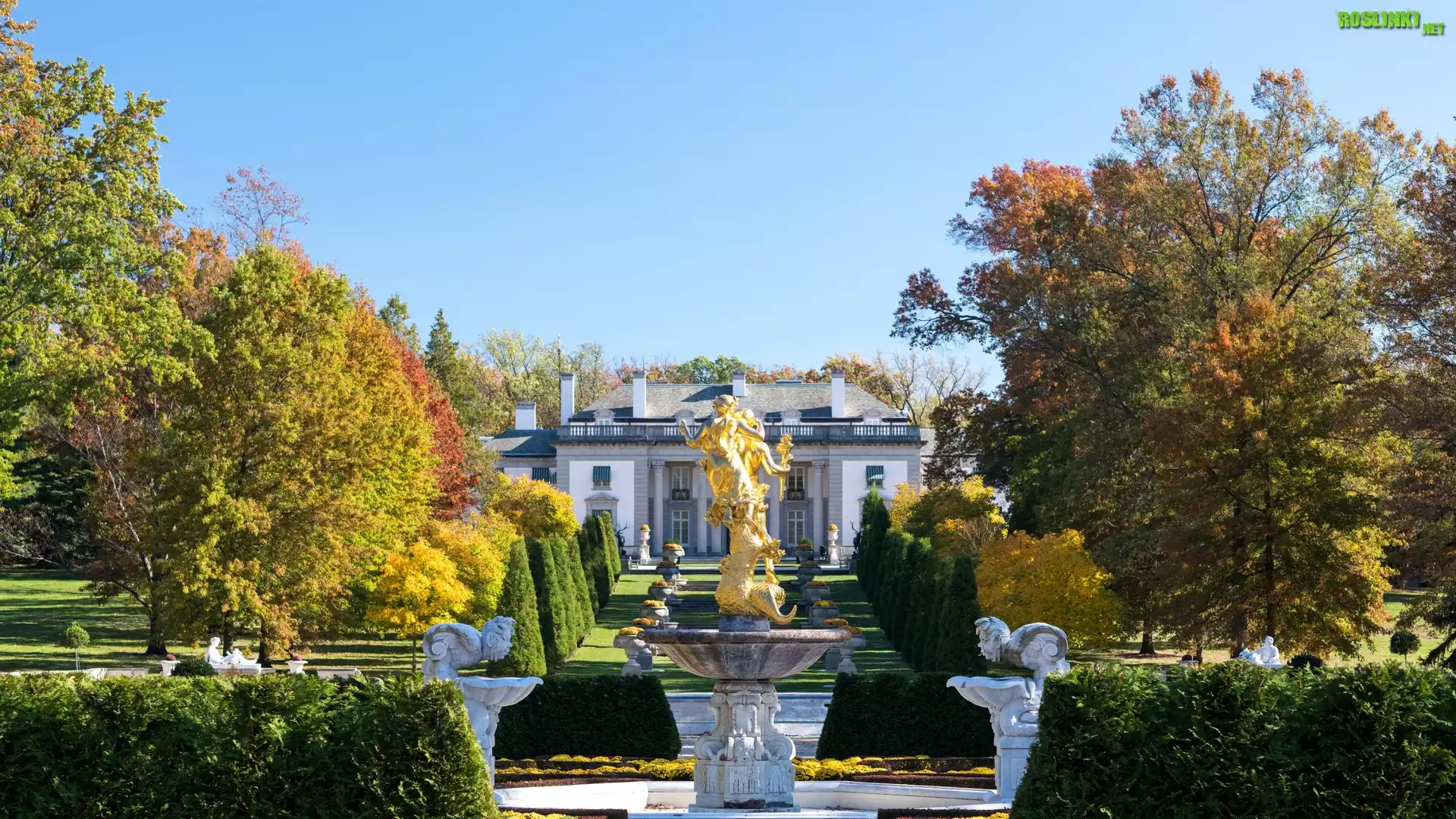 Stany Zjednoczone, Stan Delaware, Miasto Wilmington, Muzeum Nemours Mansion and Gardens, Rezydencja Nemours, Fontanna, Rzeźba, Jesień, Ogród, Drzewa