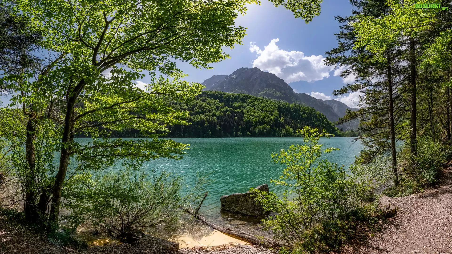 Austria, Styria, Góry, Jezioro Leopoldsteinersee, Drzewa, Chmury
