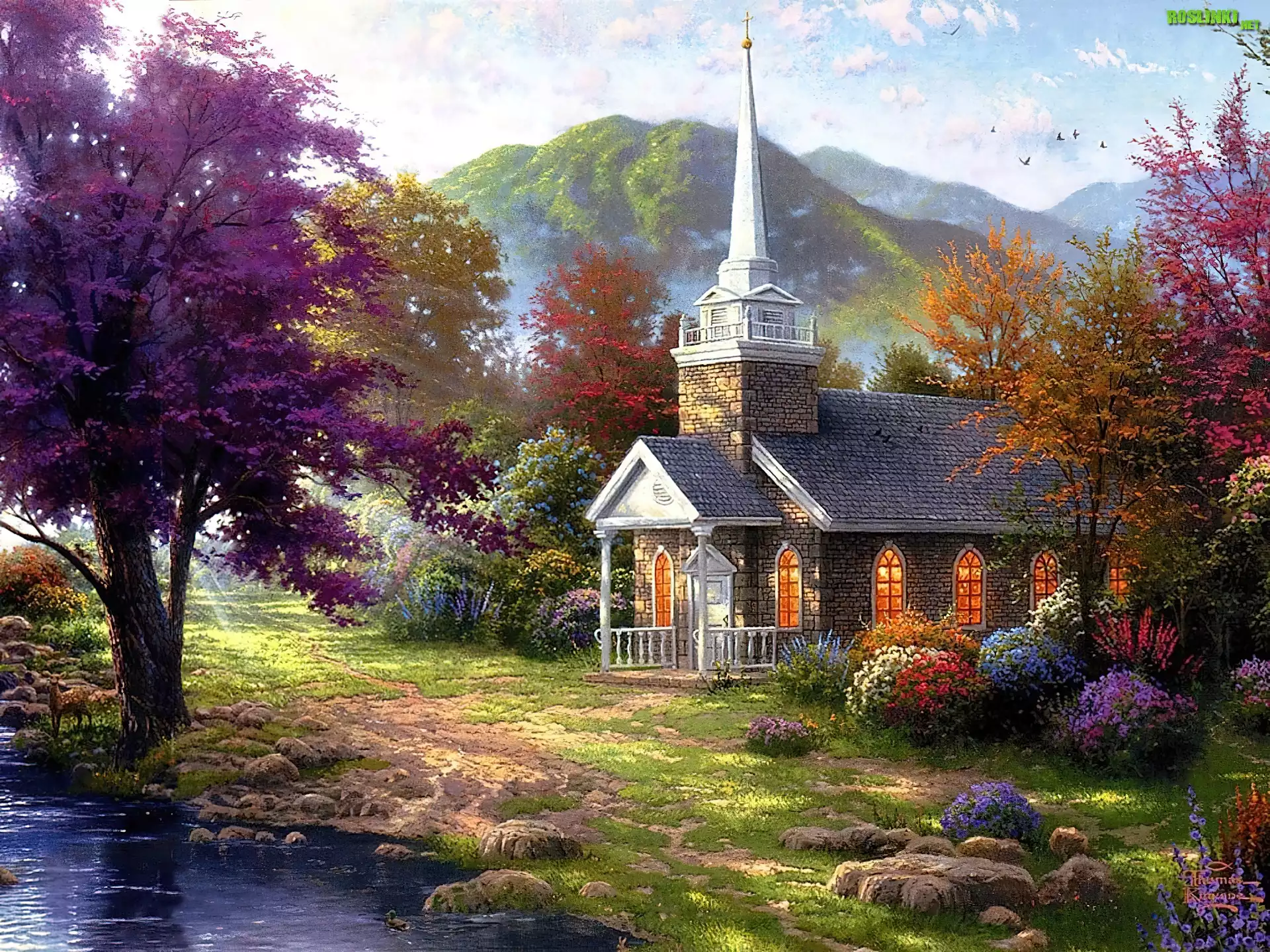 Thomas Kinkade, Kościółek, Góry, Jesień