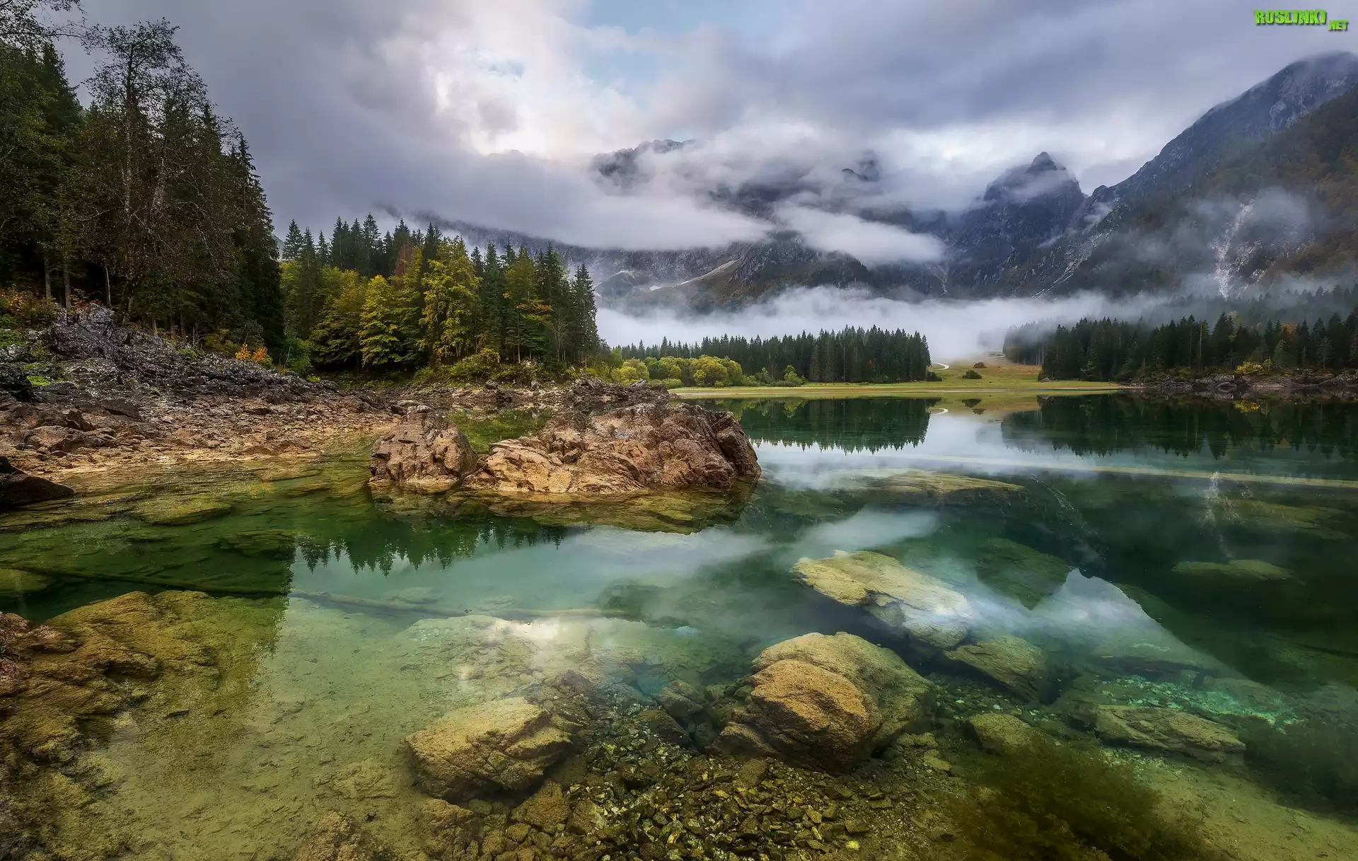 Jezioro Fusine Lake, Góry, Alpy Julijskie, Skały, Drzewa, Włochy
