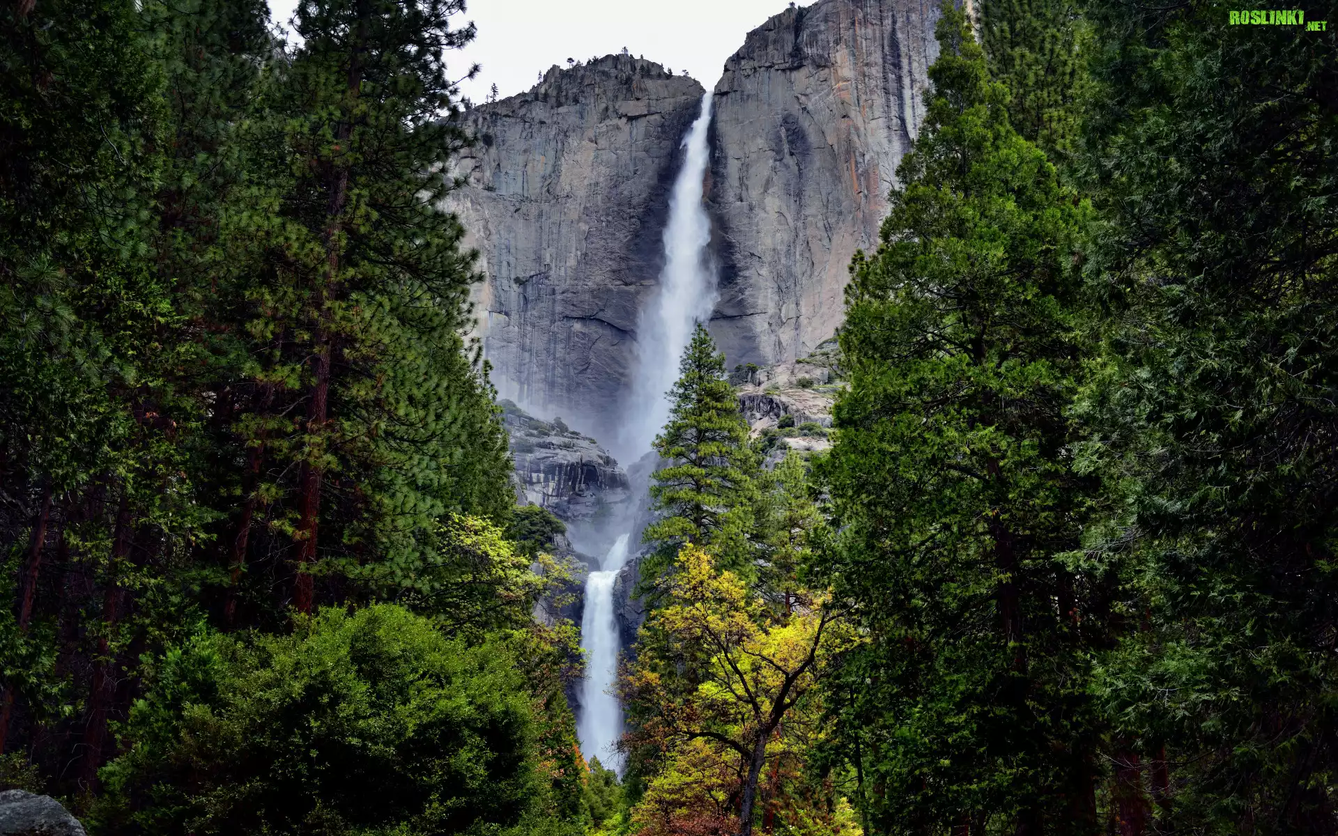 Góry, Drzewa, Skały, Wodospad, Upper Yosemite Falls, Park Narodowy Yosemite, Kalifornia, Stany Zjednoczone