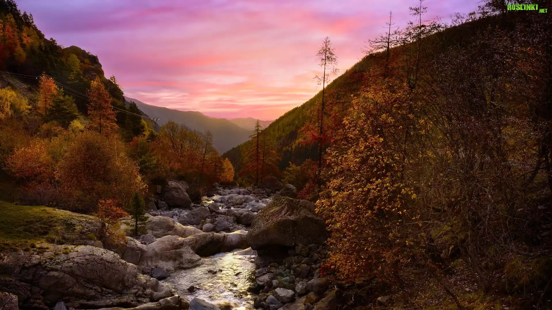 Zachód słońca, Góry, Jesień, Rzeka, Gordolasque River, Drzewa, Kamienie, Francja