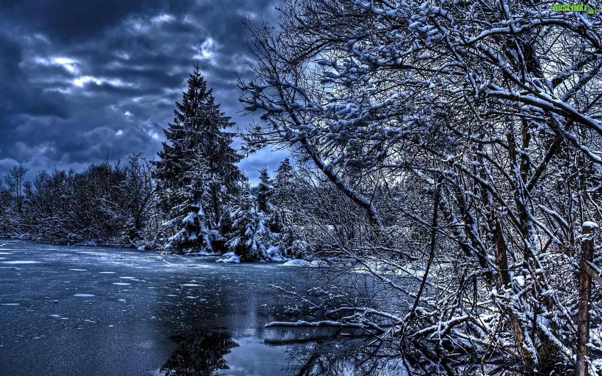 Zima, Rzeka, Drzewa, HDR